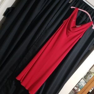 Red mid length formal dress with draped front.